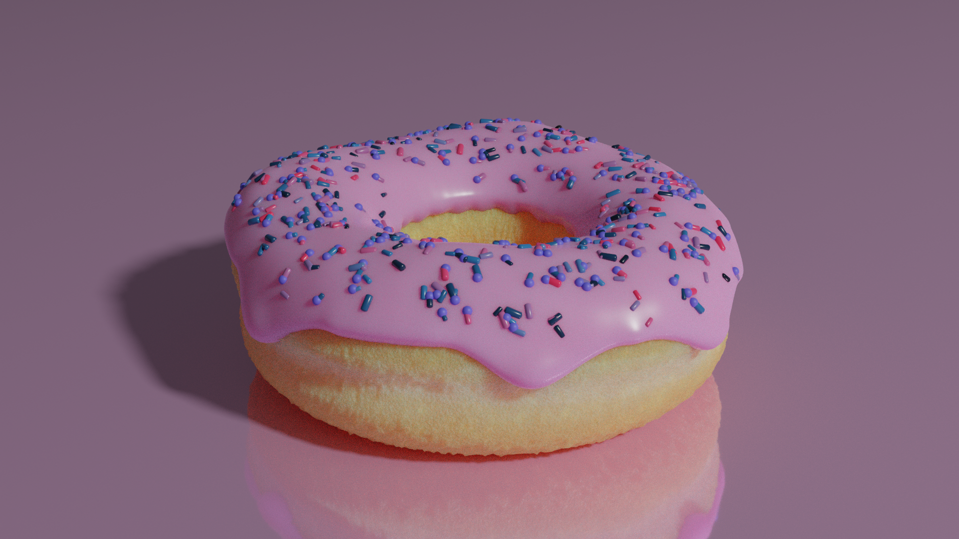 Blender render of a pink glazed donut with sprinkles